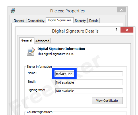 Screenshot of the Belarc Inc certificate